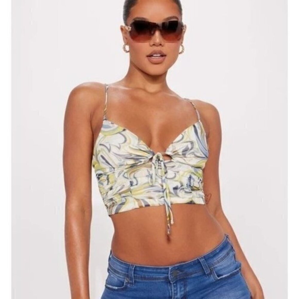 Heart & hips Mesh Top Ivory and green Abstract Print Ruched Detail Size M RefFNB